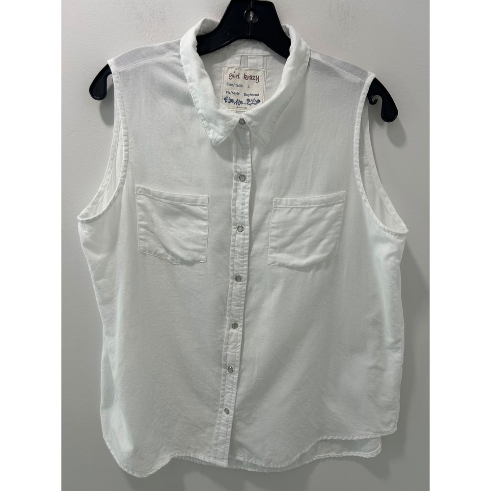 Girl Krazy Womens White Sleeveless 100% Cotton Boyfriend Button Down Shirt Large